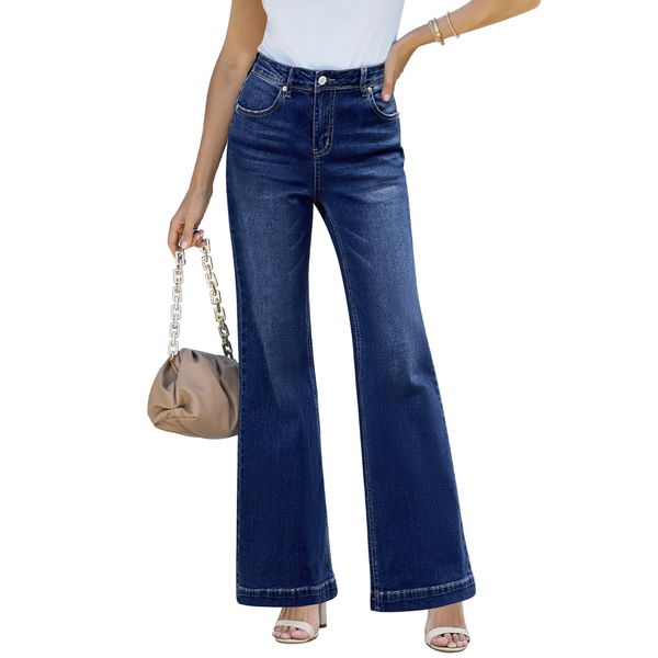 Vetinee Schlaghose Damen Jeans Jeans Wide Leg Damen Jeans Baggy Damen Bootcut Jeans Damen High Waist Jeans Mit Weitem Bein Indigo Himmelblau Größe X-Small Passend für EU Größe 30 bis EU Größe 32