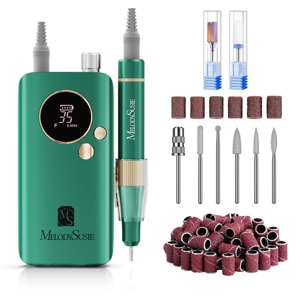 MelodySusie Professional 35000 RPM SM200F Nail Drill, Portable Rechargeable Electric Nail File,Cordless Nail E File for Acrylic Nails Gel Polish Removing, Efile Nail Kit for Manicure Salon Home, Green