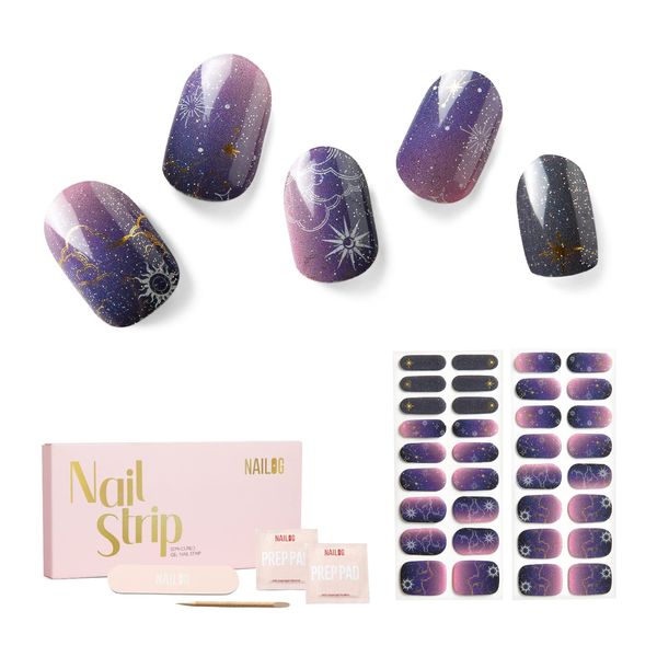 Nailog Semi Cured Gel Nail Strips 34 pcs | Long Lasting Nail Polish Sticker Wraps with Glossy Gel Finish | Constellation