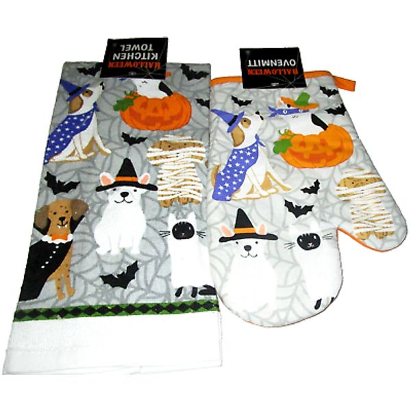 HALLOWEEN ~ Kitchen Towel & Oven Mitt Set ~ HALLOWEEN PETS