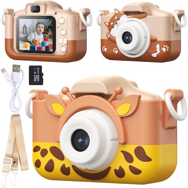 LETING Kids Camera Toys for 3-8 Year Old Kids - Children Digital Video Camcorder Camera with 2 Cartoon Soft Silicone Cover, Christmas Birthday Festival Gift for Kids - 32G SD Card Include (Coffee)