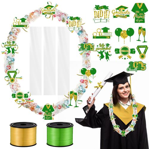 yesaior 60 Sets Graduation Candy Lei Making Kit, 2 Rolls Ribbons 60 Pcs Clear Poly Tubing Bags and 60 Pcs Paper Cut, 2025 Graduation Lei Making Kit, 2025 Party Supplies (Green Gold)