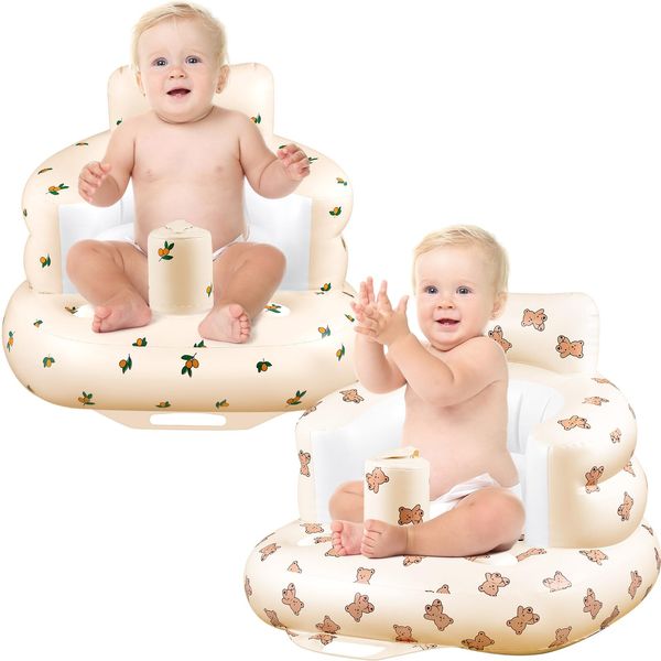 GlikCeil 2 Pcs Inflatable Baby Chair for Babies 3 Months and Up Baby Floor Seat with Built in Air Pump Toddler Baby Sit Up Chair Support Sofa for Twins Baby Shower Gifts, Bear, Olive Flower