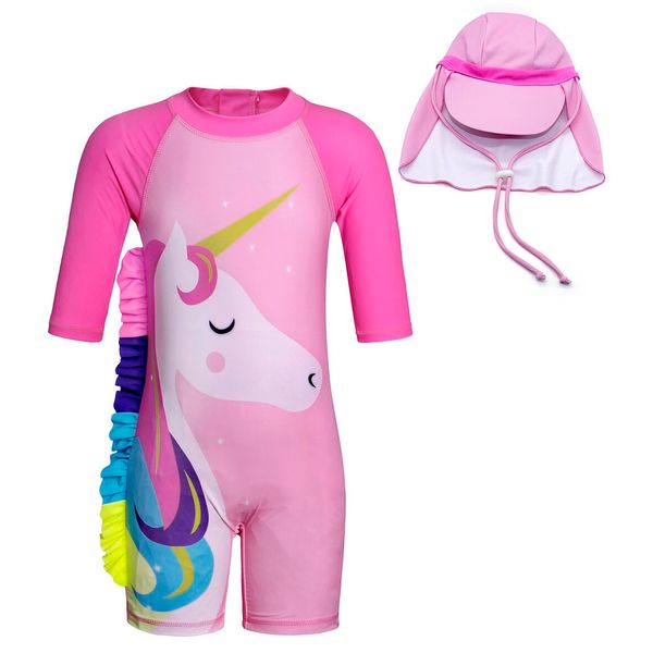 Jurebecia Kids Swimming Costumes Girls Unicorn Swimming Suit One Piece Swimwear with Cap Short Sleeve Swimsuit Summer Cartoon Bathing Suits 7-8 Years Pink