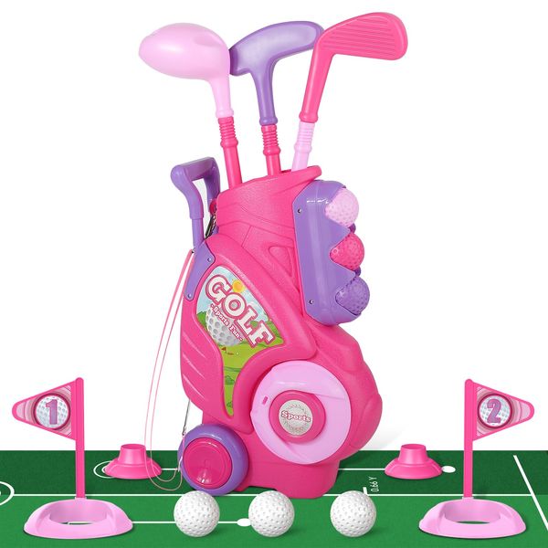 Liberry Toddler Golf Set for 2 3 4 5 Years Old Girls Boys, Upgraded Kids Golf Clubs Set with Golf Cart, Putting Mat, Outdoor Indoor Sports Toy Birthday Gift, Pink