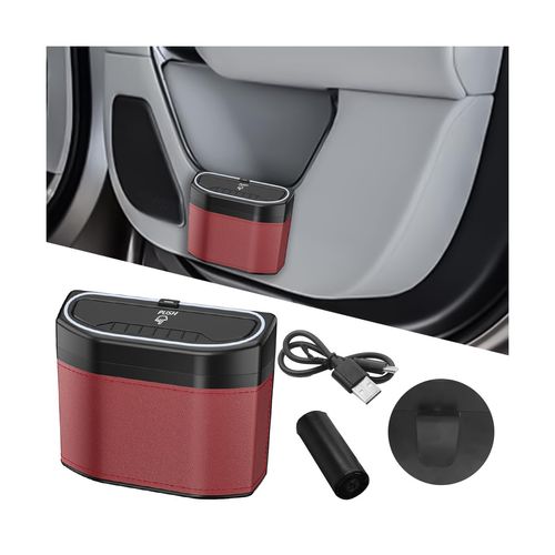 Sandfren Car Trash Can with Lid, Leakproof Mini Vehicle Garbage Container Bin with LED Light, Auto Interior Front Back Seat Storage Organizer Dustbin, Universal for SUV, Sedan, Truck(Wine Red)