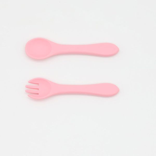 Baby Food Grade Complementary Food Training Silicone Spoon Fork Sets - Average Size (0-8Y） / Pink