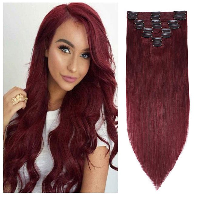 S-noilite Clip in Human Hair Extensions Burgundy 100% Real Human Hair Double Weft Full Head 8 Pieces 18 clips Straight silky (22 inch - 160g,Wine Red (#99J))