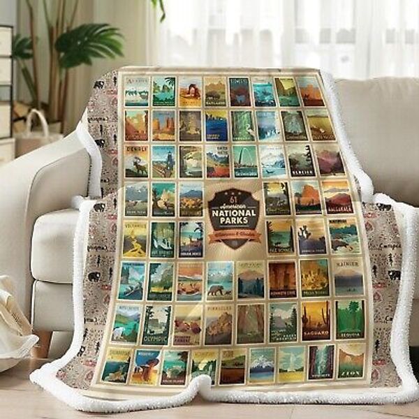 Map Fleece Blanket for Couch Sofa Travel, American National Park Throw Blanke...