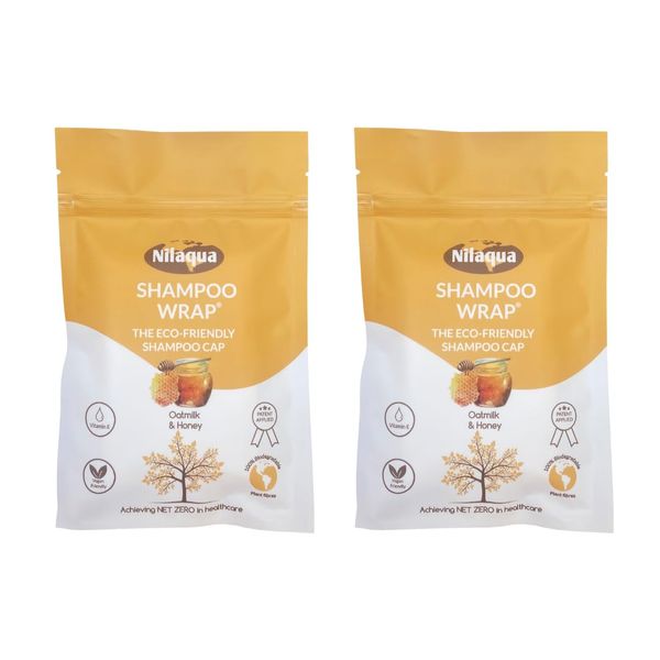 Nilaqua NO Rinse Shampoo Wrap_the World's First Biodegradable Shampoo Cap - 100% Biodegradable Bamboo | Rinse free Shampoo | Pleasant Fragrance - Oatmilk & Honey 2pack