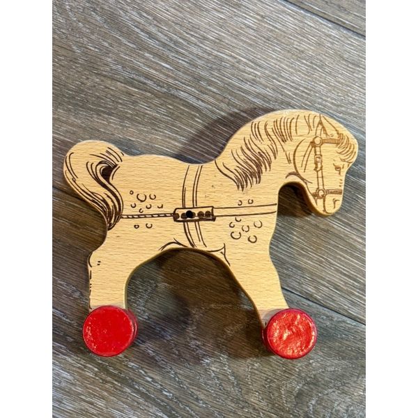 Steiff wooden pull toy, horse with red wheels Vintage