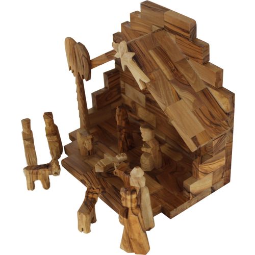 Holy Land Market Olive Wood Nativity Scene - Inspirational Indoor Nativity Set with Plain Roof Stable, 12 Hand-Carved Pieces - Authentic Wooden Nativity Set for Christians, 8x7 3/8 Inches