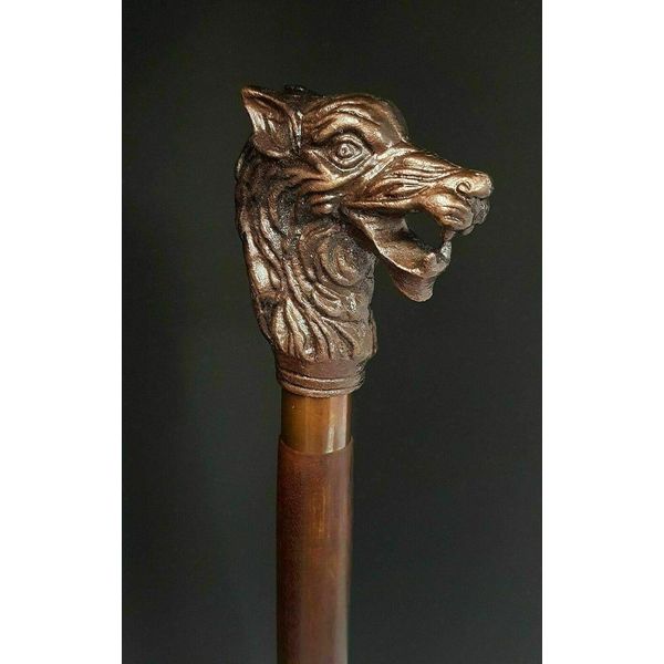 Waziha Noutical Handmade Walking Stick Wolf Head Copper Antique Metal Handle Wooden Vintage Cane, Brown, 36 inch