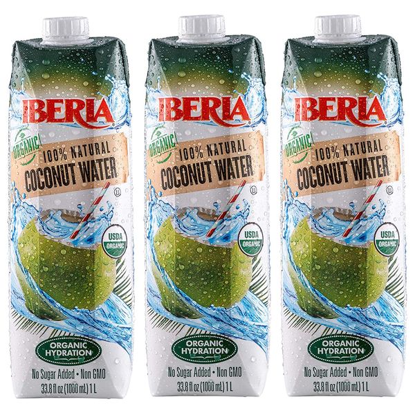 Iberia 100% Pure Organic Coconut Water, 1 Liter , 33.8 Fl Oz (Pack of 3)