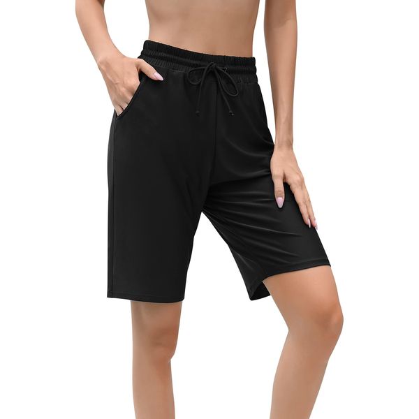 Charmo Badeshorts Damen High Waist Badehose mit Taschen Lang Swim Shorts Knielang Baderadler Beach Shorts UPF50+ mit Innenslip