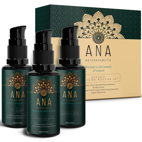 Organic Face Care Set 3 x 30 ml - Gifts for Women - Vitamin C Serum Face with Vitamin A + E - Effective Retinol & Hyaluronic Face Serum with Aloe Vera Gel Base - ANA Naturkosmetik