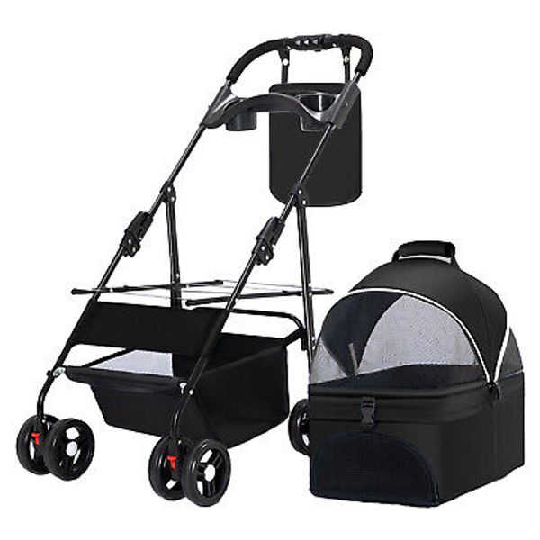 Foldable Pet Stroller For Cats And Dogs 4 Wheels Carrier Cart W/Cup Holder Black