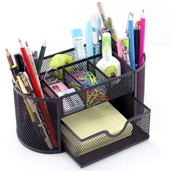 Desk Organizer, Pen Holder, Metal Mesh, Pen Stand, Trinket Holder, Desktop with Drawer, Pen Case, Multi-functional, Storage Box, Pencil Case (Black) 0.9 x 0.4 x 0.4 inches (22.5 x 10.5 x 11.3 mm)