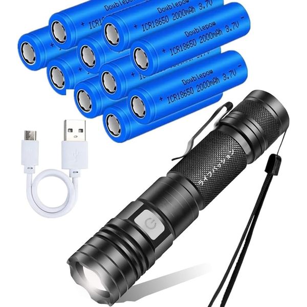 (10 Batteries Included) (18650 Rechargeable Batteries Included) LED Flashlight, Military, Strongest 1,600 Lumens, Zoom, Super Strong, Small USB Rechargeable, Aluminum Alloy Material, Lightweight,