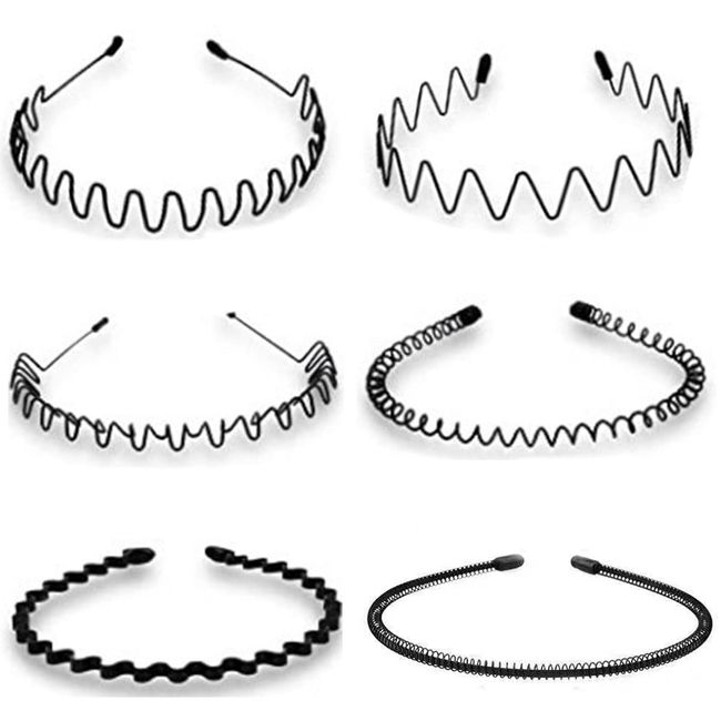 Metall Haarband, 6 Stück Haarreifen Männer Damen Schwarz Wavy Hairband,Elastisches Spiralhaarreif Rutschfestes Haarreif für Sport Yoga