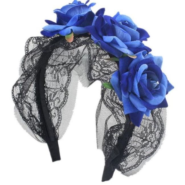 [pkpohs] Headband Rose Gothic Lolita Lace Hair Ornament, Rose Hair Accessory (Blue)