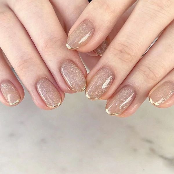 24pcs Short Oval False Nails French Gold Tip Stick on Nails Glitter Nude Pink Press on Nails Removable Glue-on Nails Fake Nails Acrylic Full Cover Nails Women Girls Nail Art Accessories