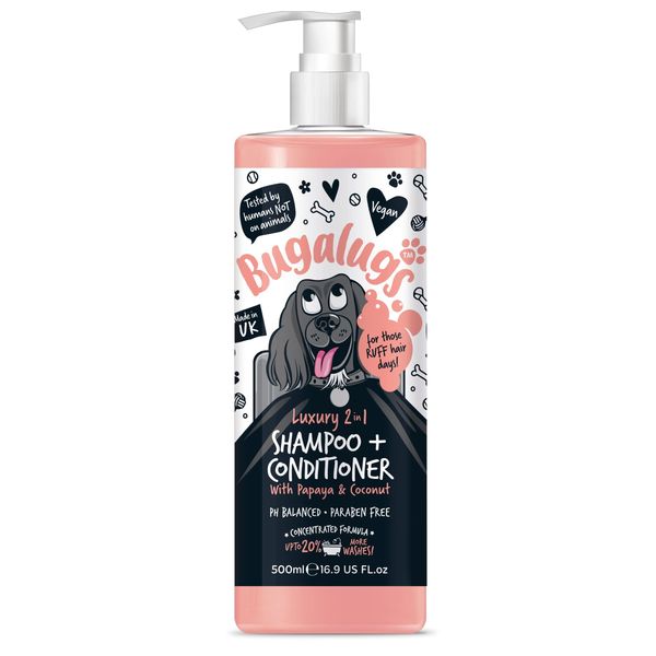 BUGALUGS Dog Shampoo Luxury 2 in 1 Papaya & Coconut dog grooming shampoo products for smelly dogs with fragrance, best puppy shampoo, professional groom Vegan pet shampoo & conditioner