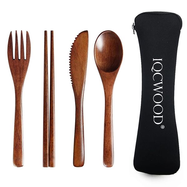 YFWOOD Cutlery Set, Fork, Spoon, Chopsticks, Knife, Storage Bag, 5 Piece Set, Total Length 6.3 inches (16 cm), Wood Design, Lightweight, Suitable for Kids, Bento Box, Camping, Outdoors, Tableware Set, Japanese Style, Portable, Convenient Bag, Cutlery, Adu