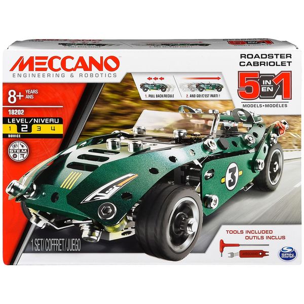 MECCANO Erector, 5 in 1 Roadster Pull Back Car Building Kit, for Ages 8 and up, STEM Construction Education Toy