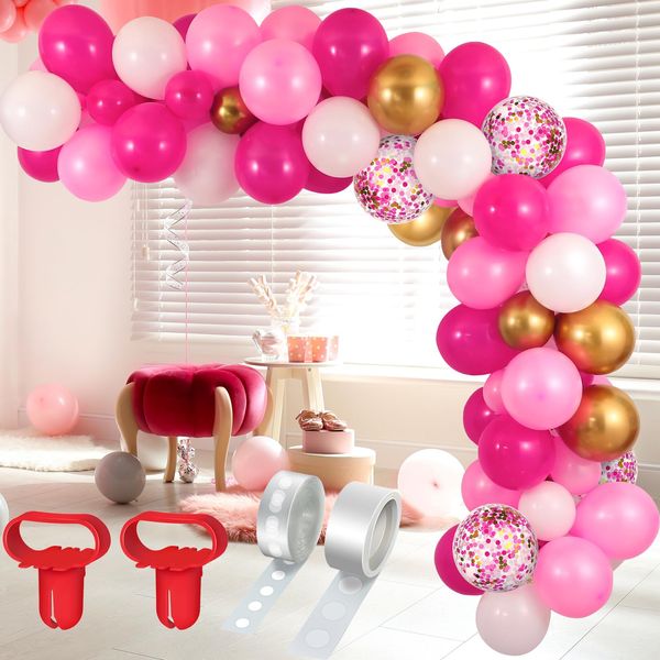 Gejoy 129 Pcs Pink Birthday Garland Arch Kit Confetti Latex Balloons with 2 Rolls Tape Valentines Decorations Party Balloons Wedding Baby Shower Decor(Pink, White, Rose Red, Metallic Gold)