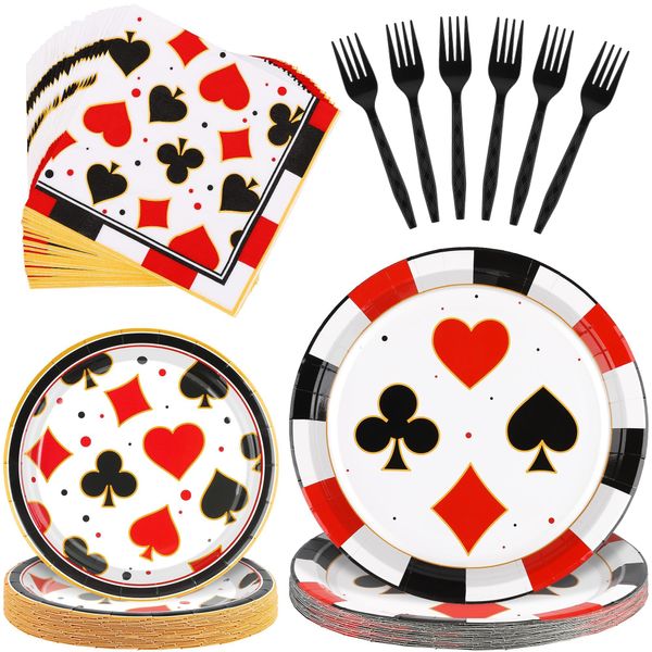 durony 96 Pieces Casino Party Tableware Serve 24 Guests Casino Paper Plates Dessert Plates Disposable Paper Napkins Forks Poker Club Decorations for Casino Party Supplies