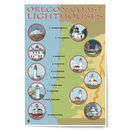 Lantern Press 12x18 Inch Art Print Wall Decor, Oregon Coast Lighthouses