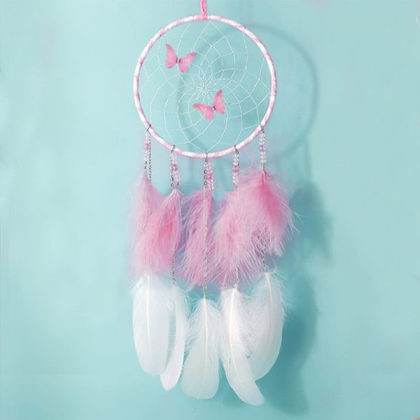 EQLEF Pink Dream Catcher for Women, Butterfly Dream Catcher Wall Hanging Feather Dreamcatcher Fairy Net Ornament for Bedroom Wedding Decoration