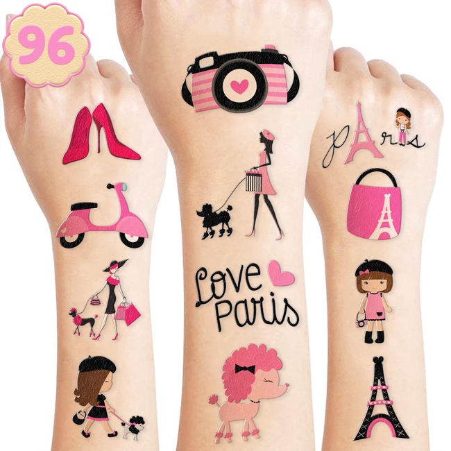 Paris Temporary Tattoos for Kids - Themed Eiffel Tower, Girl Birthday Party Decorations Supplies 96PCS Tattoos Stickers Cute Party Favors Girls Boys Gifts Classroom School Prizes Themed Christmas Pink