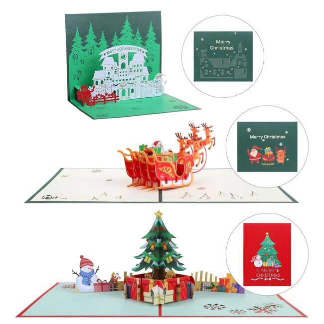 Christmas Cards, Kesote 3D Cards, Pop Up Cards, Message Cards, Set of 3, Santa Christmas Tree, Snowboarding, Deer, Merry Christmas with Envelopes