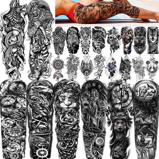 FANRUI 24 Sheets Cool Super Large Full Arm Temporary Tattoo Sleeve For Men with 8 Sheets For Women Thigh, 16 Sheets Flower Eagle Compass Adults Tribal Tiger Tatoo