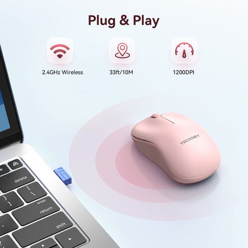 TECKNET Wireless Mouse for Laptop, 2.4GHz USB Mini Computer Mice, 1200 DPI Optical Small Portable Cordless Mouse Compatible with PC, Mac and Linux, 18 Months Battery Life-Pink