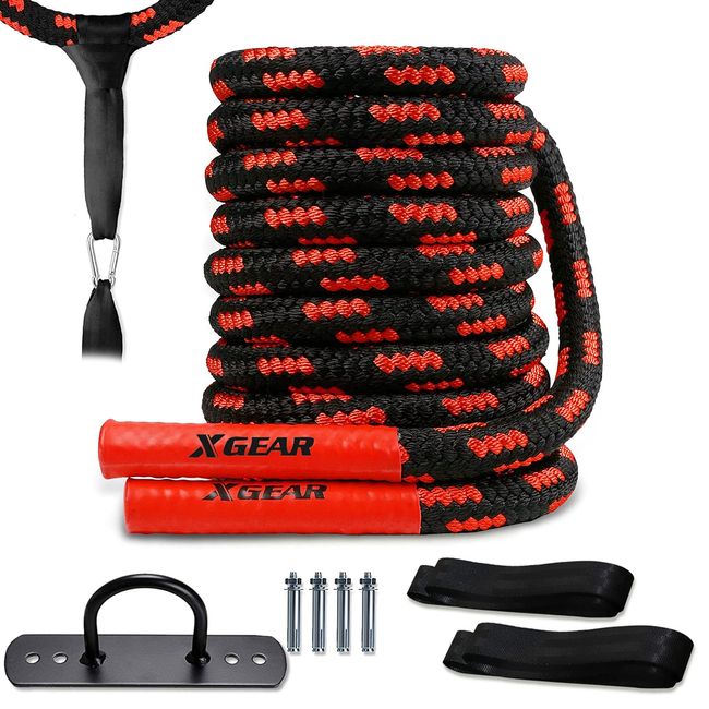 XGEAR Heavy Battle Rope, Exercise Training Rope with Anchor Strap, Wall Hanger Kit, 100% Poly Dacron Workout Rope/Undulation Ropes for Full Body Strength Training - 1.5" Dia, 30/40/50ft.