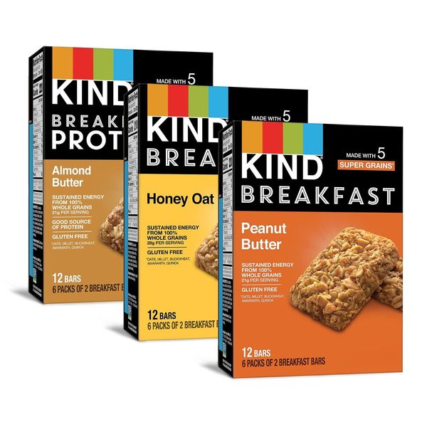 KIND Breakfast Bars Variety Pack Honey Oat Almond Butter Peanut Butter Health...