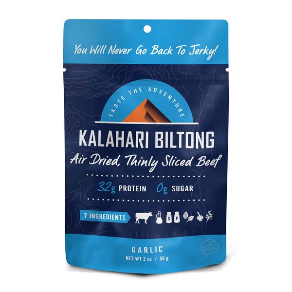 Garlic Kalahari Biltong, Air-Dried Thinly Sliced Beef, 2oz (Pack of 1), Sugar Free, Gluten Free, Keto & Paleo, High Protein Snack