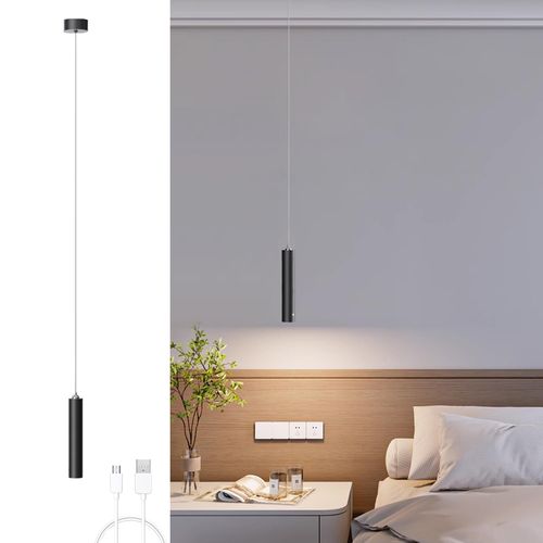 GCDFGV Battery Operated Pendant Light, LED Rechargeable Hanging Light with 4500 mAh Battery, 3 Color Touch Dimmable, No Wiring, Modern Wireless Pendant Light Height Adjustable, for Bedside Bedroom