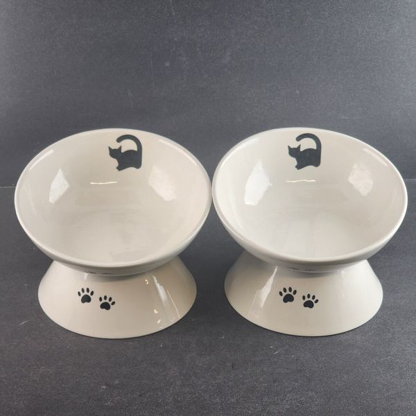 Set of 2 Cat Food Bowls White Ceramic Tilted Raised Slanted Pet Dishes 6.75" dia