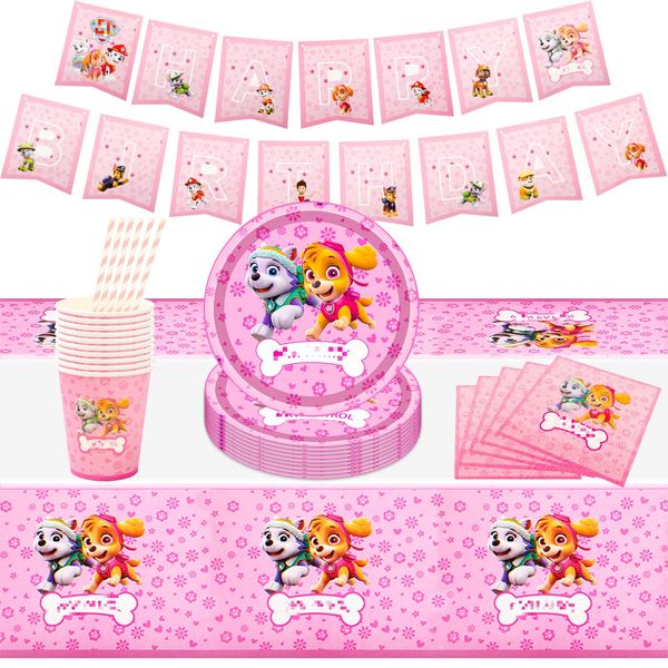 52Pcs Party Tableware Set, Pink Paw Dog Party Supplies Set with Paper Plates Cups Napkins and Tablecloth , Cartoon Party Decorations, Kids Birthday Party Decorations