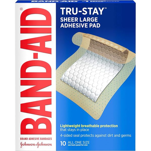 Band-Aid Brand Tru-Stay Adhesive Pads, Large Sterile Bandages for Wound Care, 10