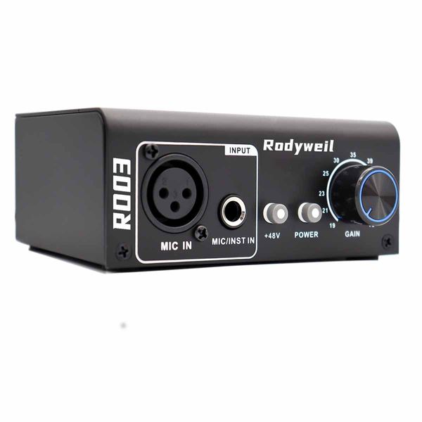 Rodyweil Microphone Preamp Mic Gain Booster with 2 Input Max 75db Gain 48V Phantom Power for Dynamic and Condenser Mic