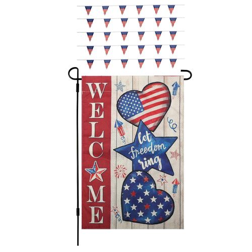 DOVORSY 4th of July Welcome House Flag 12x18 Vertical Double Sided Patriotic,Memorial Day American Stars and Stripes Love Heart Yard Outdoor Decoration,30pcs USA American Triangle Flag