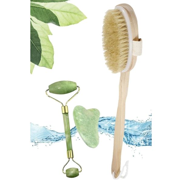 Yeşil Kuvars Gua Sha Taşı + Face Roller + Doğal At Kılı Fırçası 3'lü Set Yüz ve Cilt Masaj Aleti