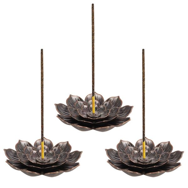 umorismo 3 pieces Retro Lotus Holder Brass Incense Holder Lotus Stick Incense Burner and Cone Incense Holder 6 Incense Holes with Detachable Ash Catcher for Home Office