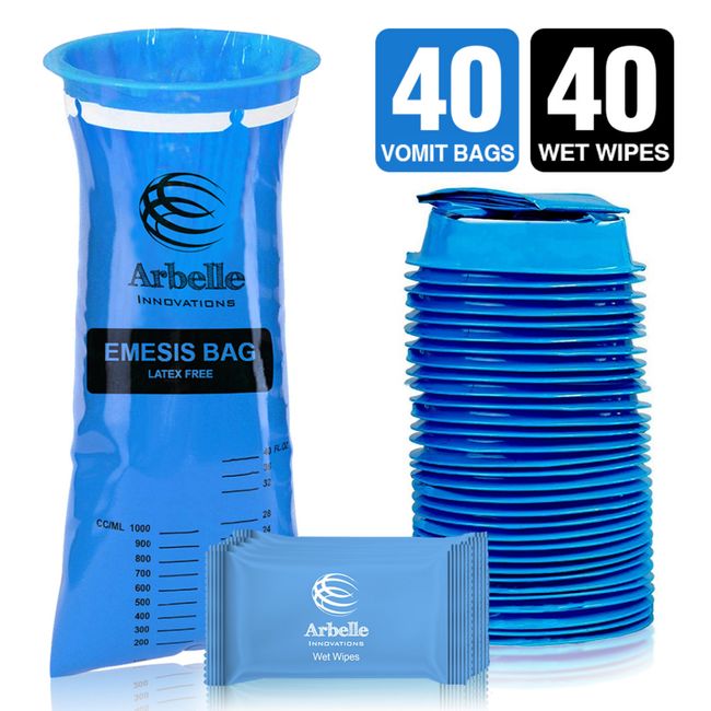 Disposable Vomit Bags Emesis Bags 40 Vomit Bags + 40 Wet Wipes - Premium Quality