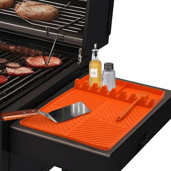 Yiomxhi Silikon Grillmatte für Gasgrill Seitenbrenner, Gasgrill Seitentische Matte BBQ Utensilienhalter, Spachtelmatte für Küchen Herd Grill Arbeitsplatten, Orange